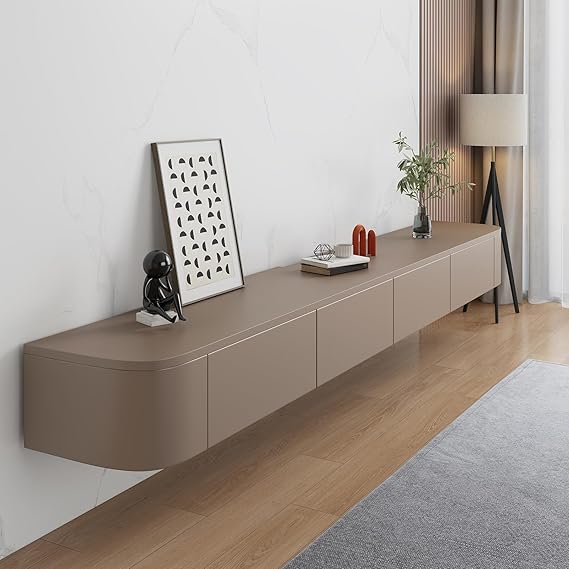 Lowboard Hanging Floating TV Stand Wall Mounted TV Shelves TV Media Console with Folding Doors Drawer & LED Lighting (Khaki 180 cm)