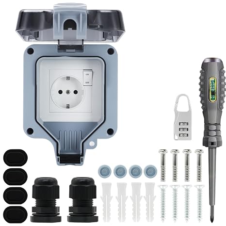 Outdoor Waterproof Socket IP66 with Double Connection Switch, Cable Connector and Flip Lid, for Kitchen, Bathroom, Garage, Pool and Garden (MPG1-GSN, 1 Piece)