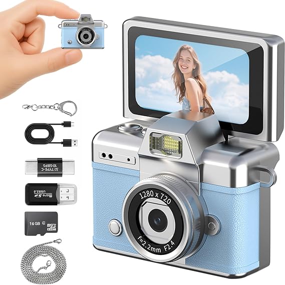 Mini Keychain Camera with Flip Screen,1080P HD Portable Digital Camera Multiple Shooting Recording Modes,Pocket Camera with 16GB SD Card for Travel, Party. Ideal Pendant Gift