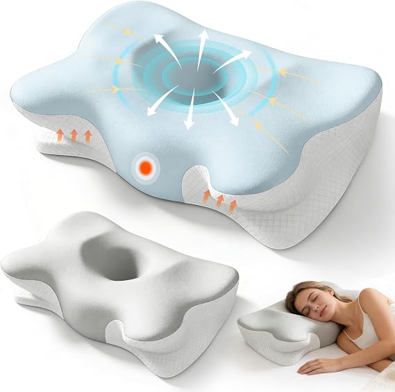 Memory Foam Pillow, Ergonomic Orthopedic Pillow for Neck and Shoulder, Neck Support Pillow for Back, Side, Stomach Sleepers ,Cooling Cervical Pillow with 2 Removable Cover, 2 Adjustable Height