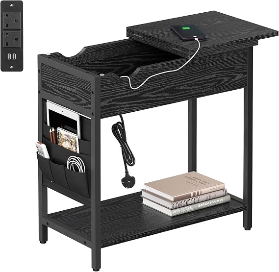VASAGLE Slim Side Table with Charging Station, Storage, USB Ports