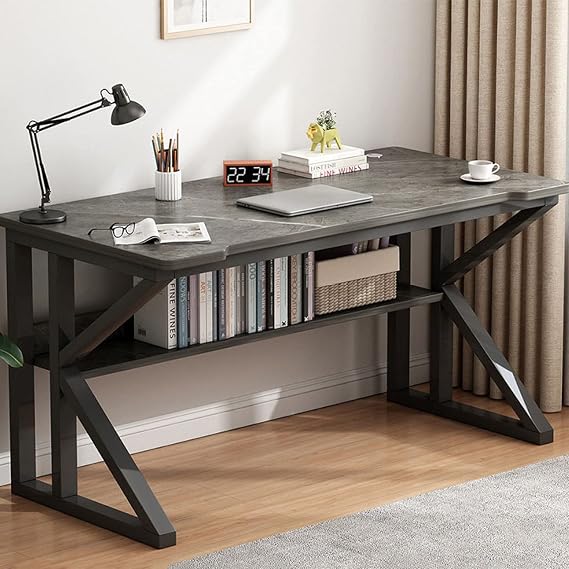 Computer Desk with Bottom Bookshelves, Home Office Desk Study Writing Desk Modern Simple Desk with Sturdy Metal Frame(39 Inch, Marble)