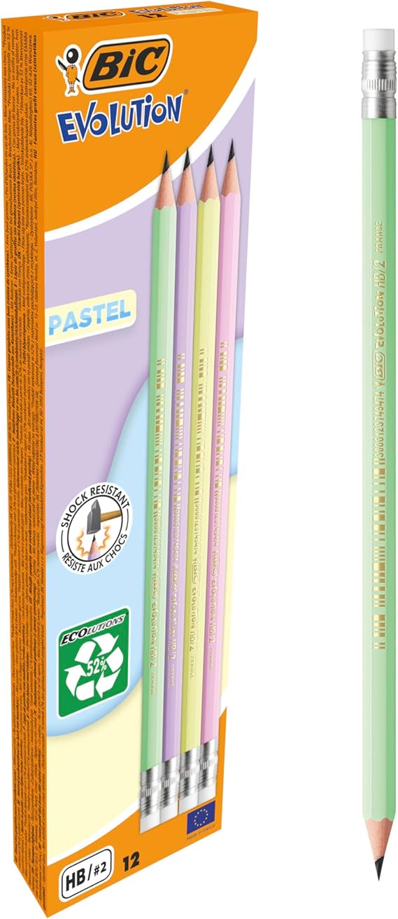 BIC Evolution Pastel Graphite Pencils with Rubber and Impact Resistant HB Lead - 4 Different Body Colors, Pack of 12