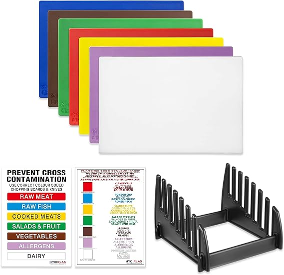 Hygiplas Colour Coded Low Density Chopping Board Set with Rack & Wall Chart 7 Piece, CH041