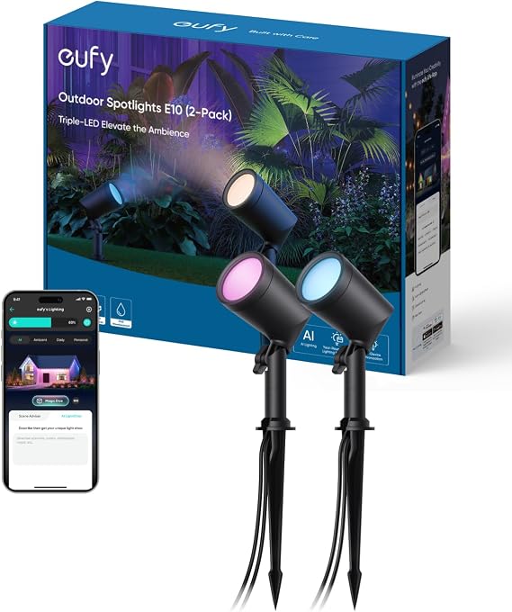eufy Outdoor Spotlights E10, 2-Pack, Smart Wired RGBWW LED Landscape Lights, 500lm, IP65 Waterproof for Yard, Work with Alexa, Endless AI Light Themes for Christmas, Halloween, Link with Cameras [Energy Class G]