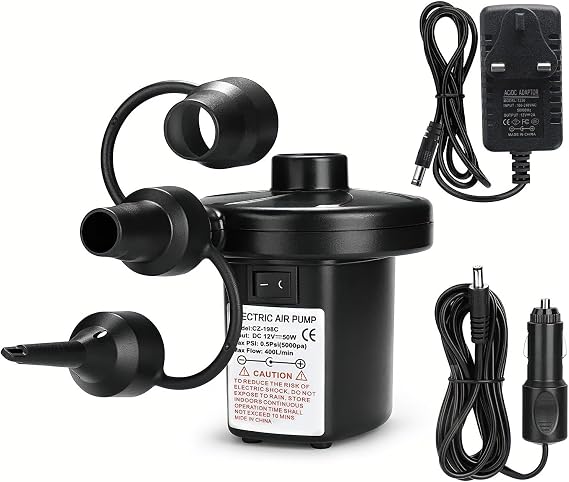 Electric Air Pump with 3 Nozzles, Portable Quick Fill Inflator Deflator Pumps, 110V-240 AC/12V DC for Outdoor Camping, Inflatable Cushions, Air Mattress Beds, Boats, Swimming Ring Beach Toys