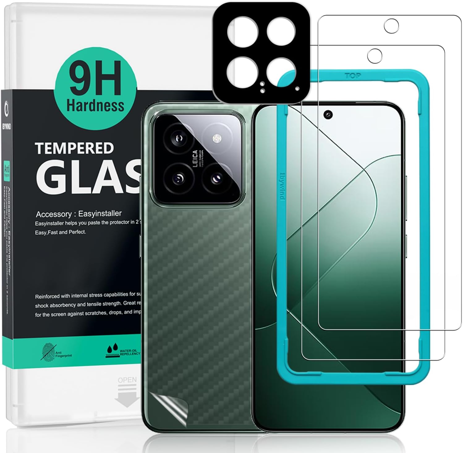 IBYWIND Screen Protector 2 Pack Xiaomi 14 5G 6.36 inch, Hardness 9H Tempered Glass, 1 Camera Lens Protector, 1 x Back Carbon Fiber Film, Anti-Scratch