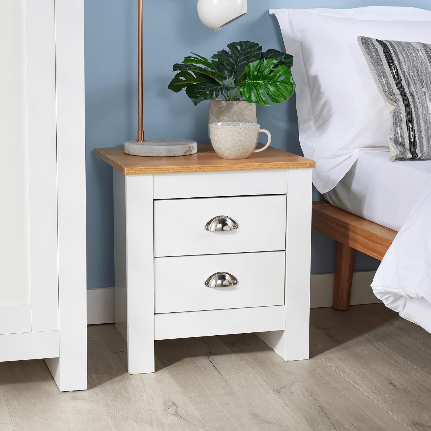 Home Source Camden Bedside 2 Drawer Bedroom Furniture Oak Top Metal Handles Wooden Nightstand, Wood, White, W 45cm D 39.5cm H 48cm