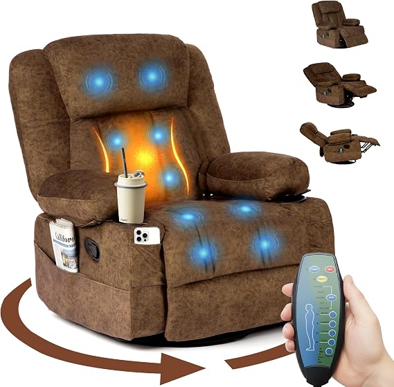 HAUSPROFI Recliner Massage Chair with Heat Function & Reclining Function - 360° Rotating Velvet TV Chair Electrically Adjustable with 1 Storage Compartment in the Armrest 2 Drink Holders & 6 Side