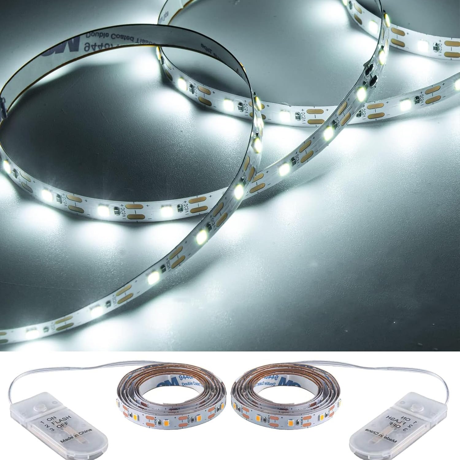 ショートledストリップライト 電池式 点滅付き 3.3フィート/1個 フレキシブルledフェアリーライト 電池式 明るい シャドウボックス Diyギフト 車 バー パーティー クリスマス用 2個パック 昼白色。