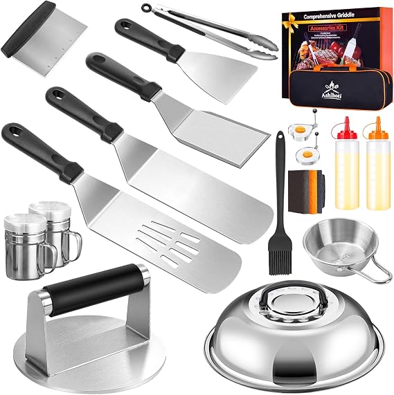 Griddle Accessories BBQ Grill Set - 22pcs Stainless Steel Barbecue Tools Kit for Blackstone with Thermometer Spatula Basting Cover Grill Mats Carry Bag for Camping,Flat Top Camp Chef Utensil
