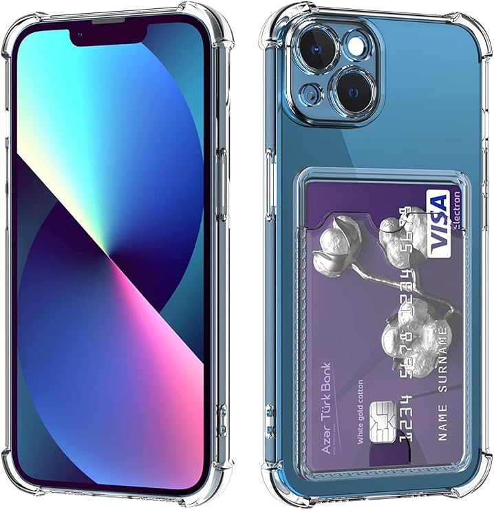 KZY İLETİŞİM Apple iPhone 13 Kapak Kamera Korumalı Kartlıklı Darbe Emici Özellikli Şeffaf Silikon Kılıf