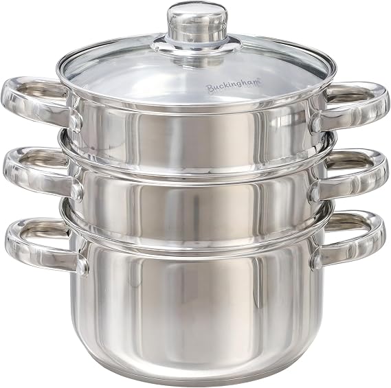 Buckingham 3 Tier Premier Steamer Set with Glass Lid Polished Mirror Finish Stainless Steel Ideal for Steamer Cooking Induction Compatible 18 Cm, Silver