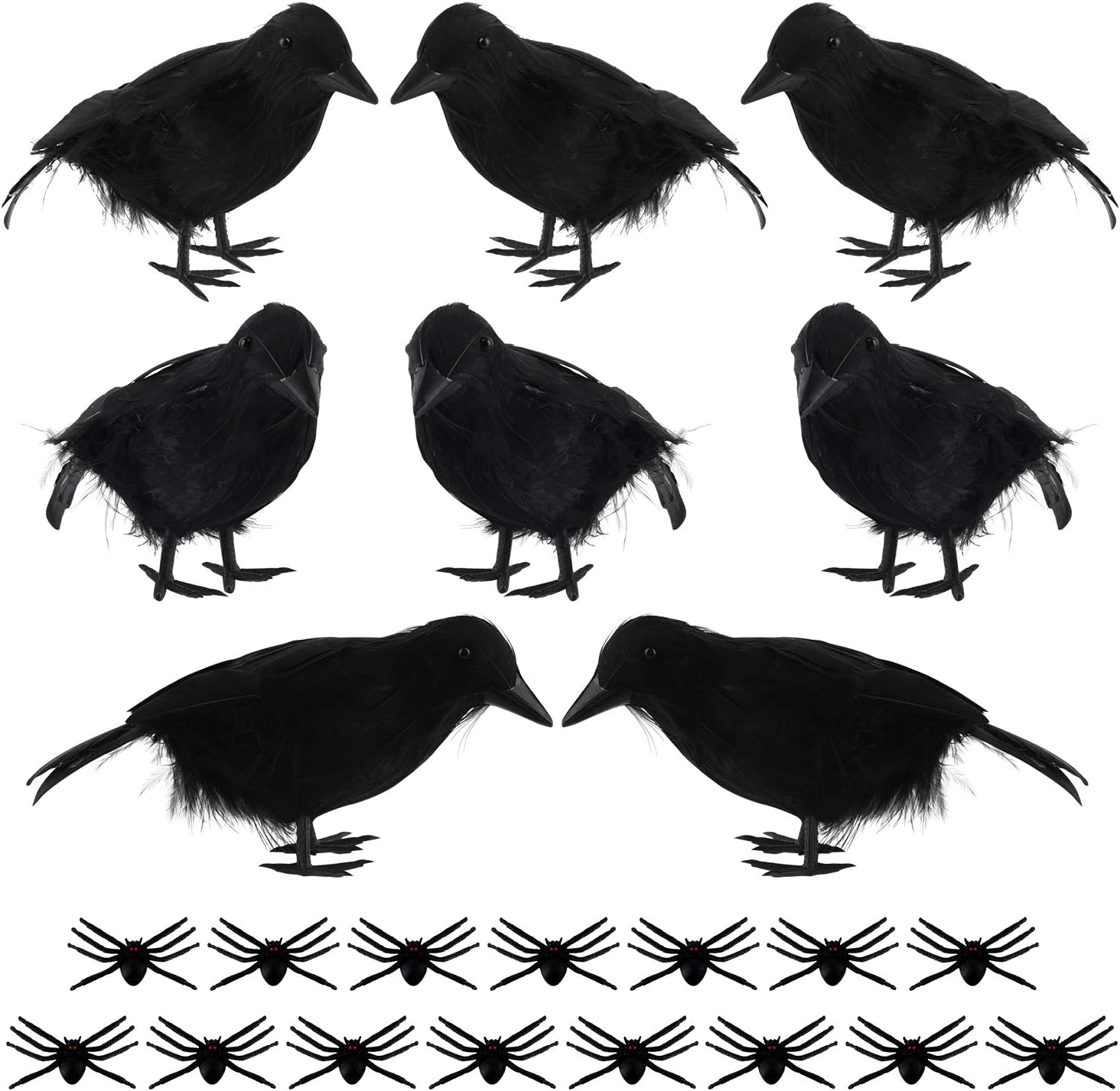 MIAHART 8 Pcs Halloween Black Feathered Crows 15 Pcs Realistic Plastic Spiders Artificial Black Birds Raven Decor for Halloween Decorations