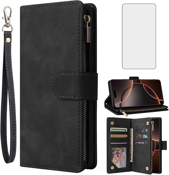 Asuwish Compatible with iPhone 16 Pro Max 6.9 inch Wallet Case Tempered Glass Screen Protector and Flip Cover Card Holder Stand Cell Phone Cases for i Phone16 16Pro i16 ProMax 16ProMax Women Men Black