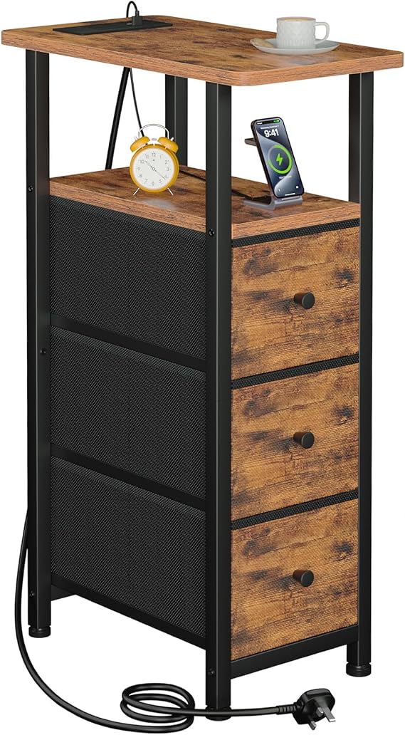LOAKEKEL Narrow Bedside Table, Slim Side Table with Charging Station