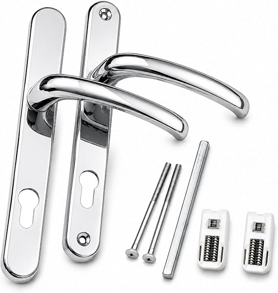 FIXINGS DIRECT] Upgraded Heavy Duty Sprung UPVC Door Handle Pair with Enhanced Security, 215mm Screw Centres Door Handles, 92mm Sprung (Chrome, White, Grey, Or Black) 241mm X 30mm (Polished Chrome)
