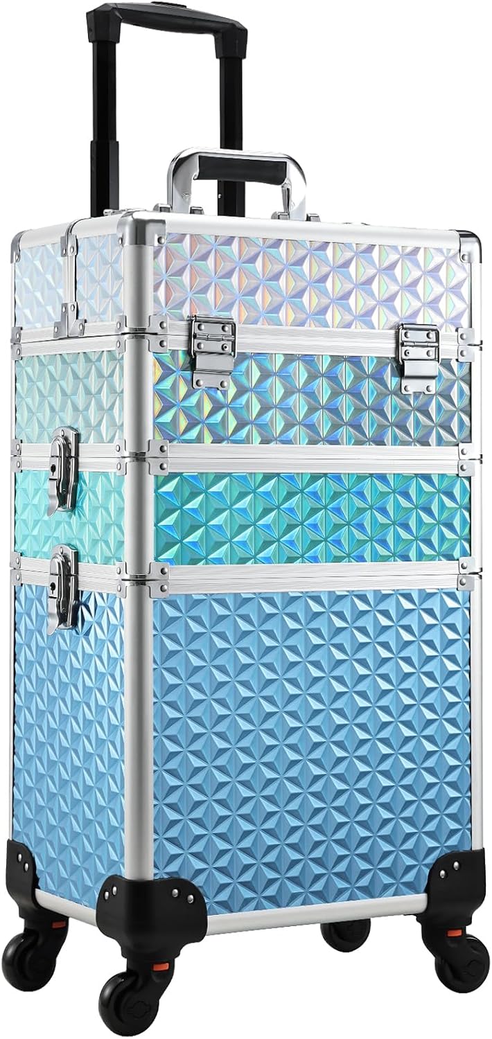 Adazzo 3 in 1 Professional Rolling Makeup Train Case Aluminum Trolley Case with 360° Swivel Wheel Makuep Artist Cosmetic Suitcase Organizer with Lock and Key Diamond Pattern, Turquoise Contrast