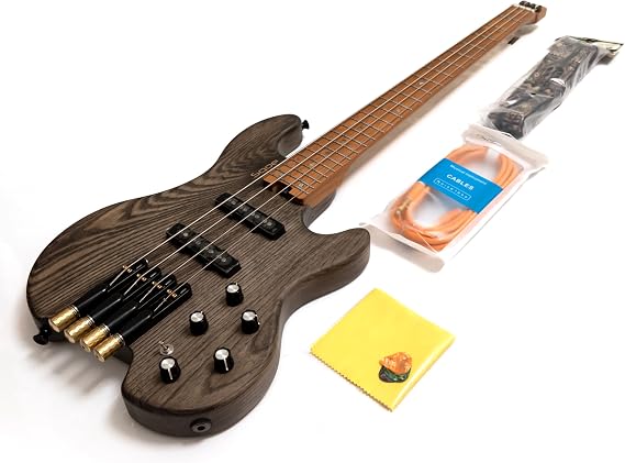 4-String Headless Electric Bass Guitar with ASH Body & Roasted Maple Neck – Active/Passive J-Style Pickups, 24 Stainless Steel Frets, Matte Finish Solid Body Bass (Tea-colored no Bag)