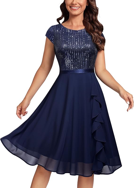 MISSMAY Women's Elegant Glitter Sequins Ruffles Trim Wedding Guest Cocktail Party Fit and Flared Swing Dress