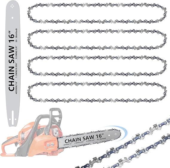 4PCS 16 Inch Chainsaw Chains with 16 Inch Chainsaw Guide Bar, 59 Drive Links, 0.050" (1,3mm) Gauge, 3/8" Pitch Replacement Saw Chains, Low-Kickback Chains, 16" Guide Bar (4 Chains +1 bar)