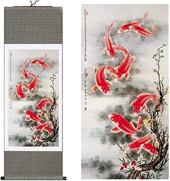 VoOqo chinese scroll hanging painting,scroll painting, Chinese style silk Chinese painting fish Home Decorating calligraphy scroll hanging kind gift(H55 x W18 Wallet) 55192