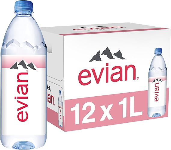 Evian Natural Spring Water (One Case of 12 Individual Bottles Each Bottle is 1 Litre) Naturally Filtered Spring Water in Large Bottles