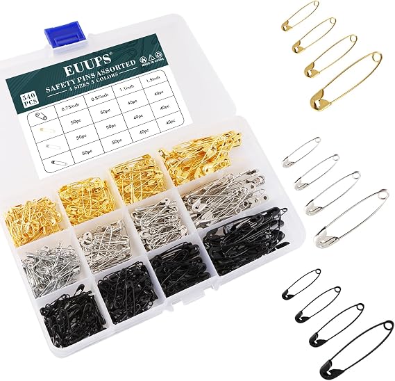 540PCS Safety Pins, Tiction 4 Sizes Safety Pins Assorted, Durable & Large Strong Safety Pins Bulk for Art Craft Sewing Jewelry Making Home Office Use with Storage Box, Gold Silver Black