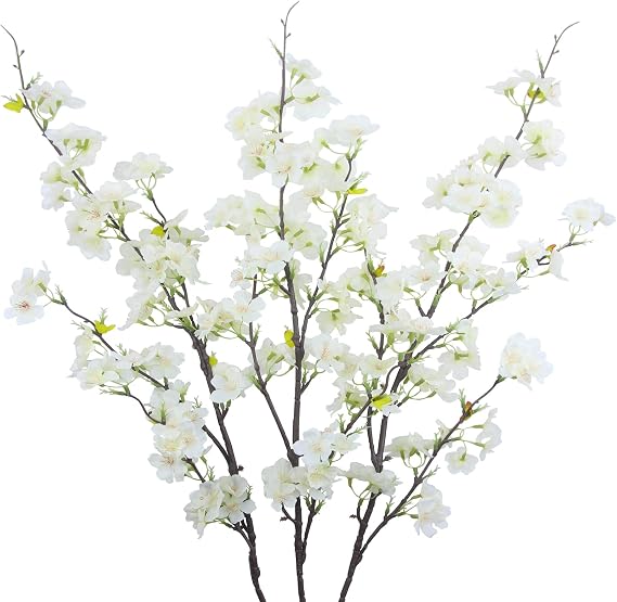 3Pcs Artificial Cherry Blossom Flower White Silk Peach Flowers Bulk Plum Blossom Flowers with Leaves Cherry Blossom Branches Vase Arrangements for Spring Wedding Indoor Outdoor DIY Party Decor