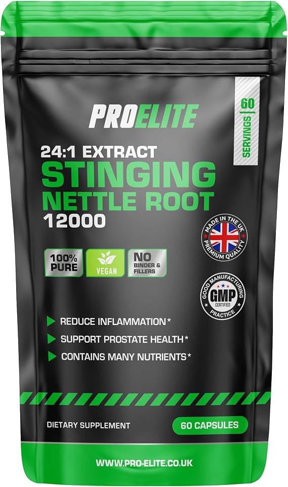 Stinging Nettle Root | 60 Capsules Vegan - 24:1 Extract 12,000mg Nettle Root per Capsule | High Strength Stinging Nettle Alternative to Powder NO Fillers & Binders | Made in UK by PROELITE