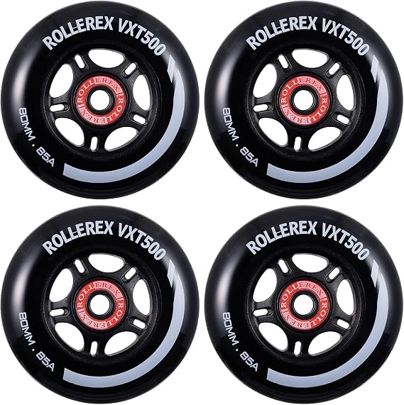 Rollerex VXT500 インラインスケートホイール - 4個パック オプションのベアリング、スペーサー、ワッシャー - 耐久性のある交換用ローラーブレードホイール 屋内&屋外スケート用 90mm、スチールブラック