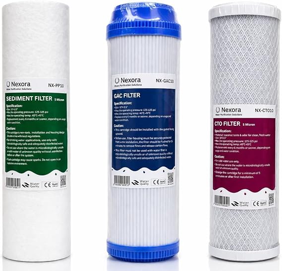 NEXORA 10 Inch Water Filter Cartridges for RO & Under Sink Systems – Universal Replacement Filters – PP Sediment, CTO Carbon Block & GAC Carbon – Multi-Pack (PP, CTO & GAC, Pack of All 3 Cartidges)