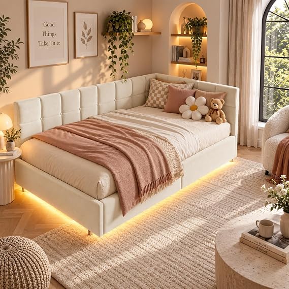 BRILVERDE 3ft Upholstered Bed Frame with Hydraulic Storage,Floating LED,Single Bed 90x190 cm with Charging Station,Velvet,No Mattress
