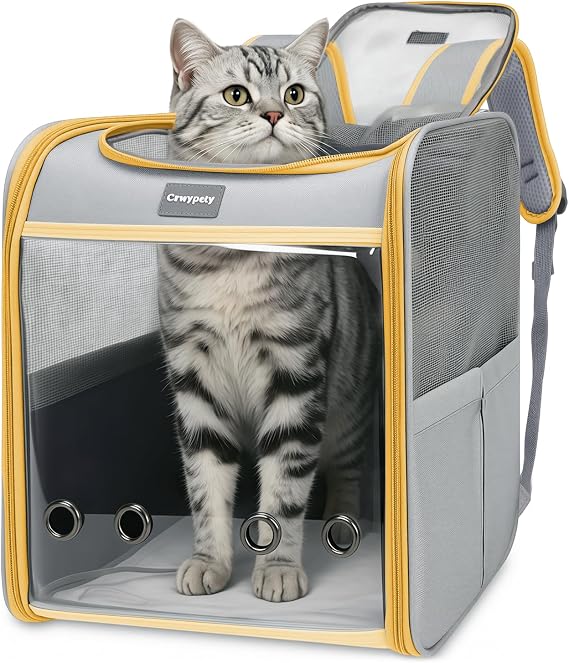 Cawypety Expandable Cat Backpack,Cat Bubble Backpack Carrier for Carrying Cats, Pets and Small Dogs,Airline-Approved,Designed for Travel, Hiking, Walking,Car (Yellow And Beige)