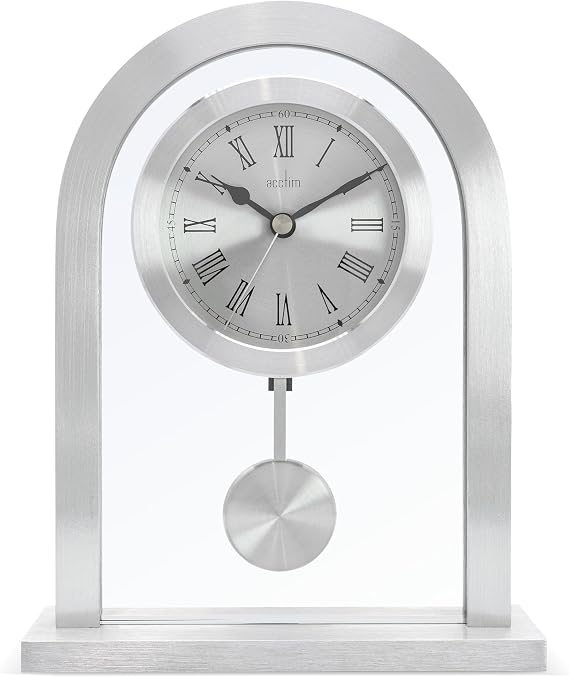 Acctim Bathgate Modern Mantel Clock with Pendulum, Brushed Metal Silver Carriage Clock for Living Room, Glass Mantelpiece Clock with Roman Dial, Elegant Fireplace Shelf Clock