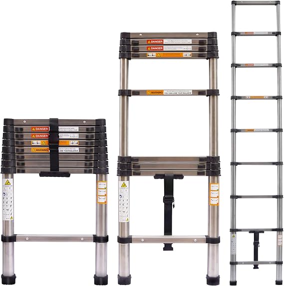 Telescopic Ladder, 2.6M Multi-Purpose Folding, Stainless Steel, Max Load 150kg/330lb