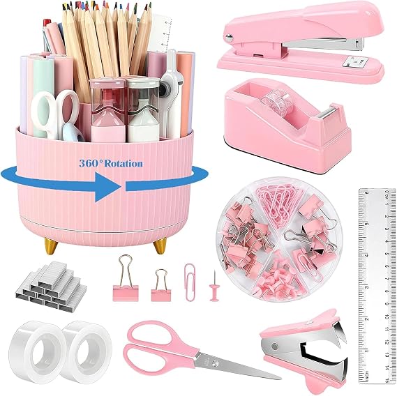 Pink Stationery Set,12 in 1 Office School Supplies Stapler & Staples Set, Rotating Pencil Holder for Desk, Staple Remover, Tape Dispenser, Tape Refills, Binder Paper Clips Kit, Scissor