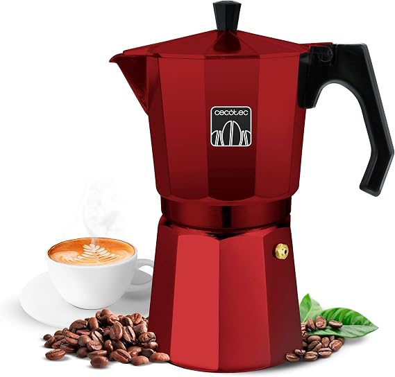 Cecotec Cafetera Italiana Mokclassic 600 Red. Cafetera de Aluminio, Para toda Cocina, 6 Tazas de Café, Junta de Silicona, Mango Ergonómico y Termorresistente, Filtro y Válcula de Acero Inoxidable