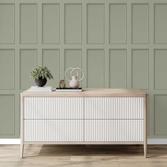 Fine Decor Beaded Panel Wallpaper – Natural Wood Effect Wallcovering – 3D Luxury Panelling Design for Living Room, Lounge & Hallway – Smooth Matte Finish, Sage Green FD44165 (10.05m x 53cm)