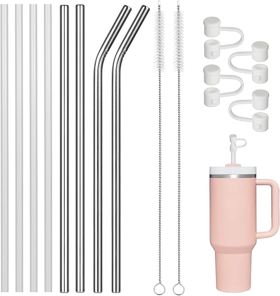 TRUEIN Pack of 8 Reusable Straws for Stanley 40 oz Cups 30 cm / 11.8 inches Plastic Straws with 2 Cleaning Brushes and 4 Straw Caps Stainless Steel Straws for Stanley Adventure Quencher