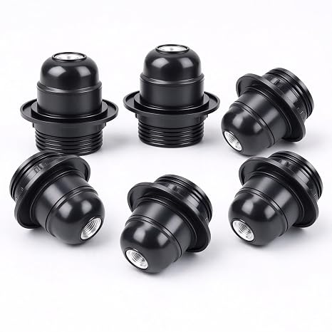 E27 Lamp Holder 6 Pack, Black Plastic Edison Screw Socket