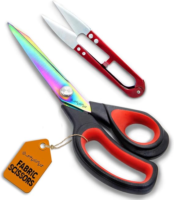 Fabric Scissors, 9.5 Inch Heavy Duty Titanium Coated Stainless Steel Dressmaking Scissors, Extra Sharp Sewing Scissors for Fabric Cutting, Tailors Scissors with Soft Grip (Red/Black)