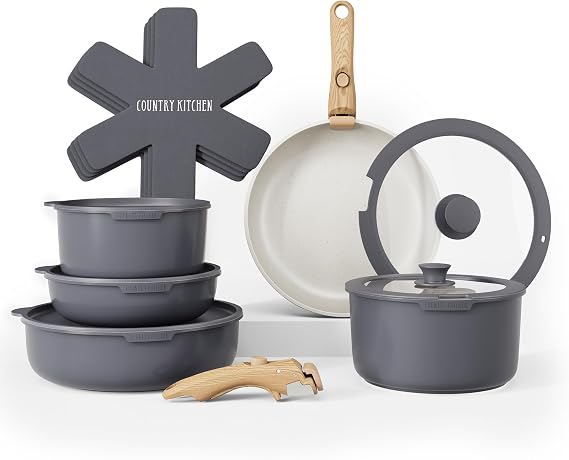 Country Kitchen 16 Piece Pots and Pans Set - Safe Nonstick Ceramic Coating Kitchen Cookware with Soft Touch Wooden Removable Handle, RV Cookware Set, Oven Safe Grey/Ivory