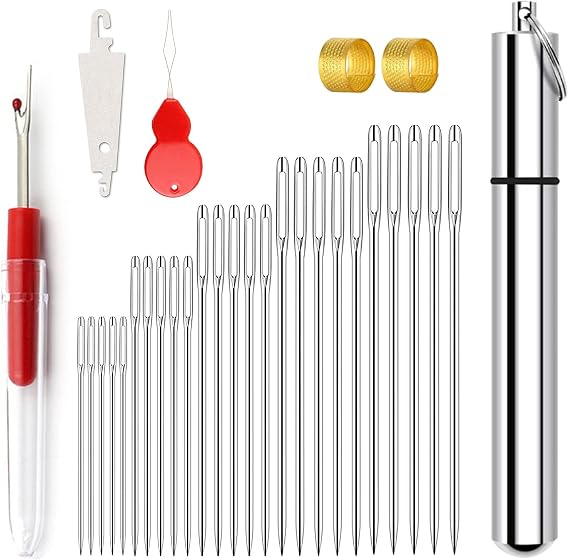 Redamancy Hand Sewing Needles, 25 Pieces Large Eye Needles, 5 Sizes Sharp Steel Needle, with 1 Sewing Opener, 2 Needle Threader, 2 Thimbles, with 1 Boxes of Aluminium Needles