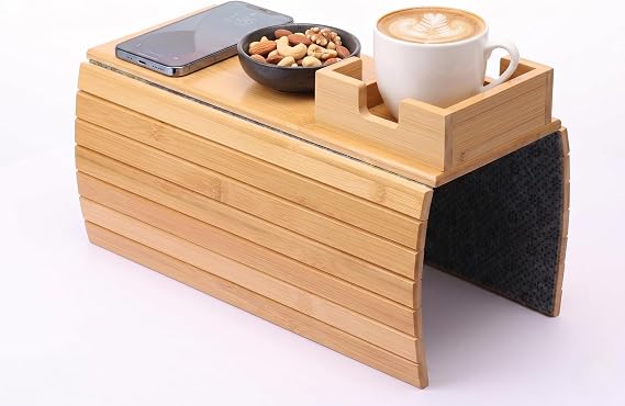 Wooden Sofa Armrest Tray with Cup Holder, Foldable Couch Arm Table & Remote Control Organizer, Anti-Slip Armchair Side Tray for Snacks, Drinks & Cellphone, Fits Most Straight & Curved Arms