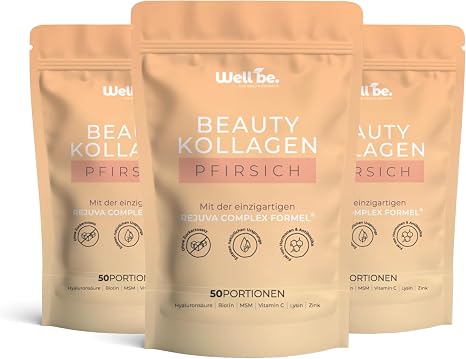Wellbe Collagen Powder Peach - High Dose with Maximum Bioactive Collagen Hydrolysate Biotin Zinc Vitamin C & Hyaluronic - Collagen Powder - Collagen Powder Peptides Made in Germany 3 x 250 g