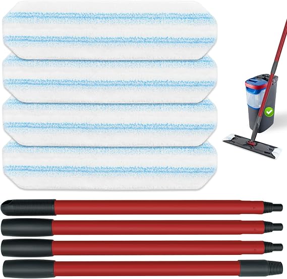 Mop Replacement Pads for O Cedar H2prO Flat Mop System, Mop Handle for O-Cedar H2pro Mop, Reusable Microfiber Mop Pads for Ocedar Flat Mop, Include 4 Mop Pad Refills and 4-Section Mop Handle