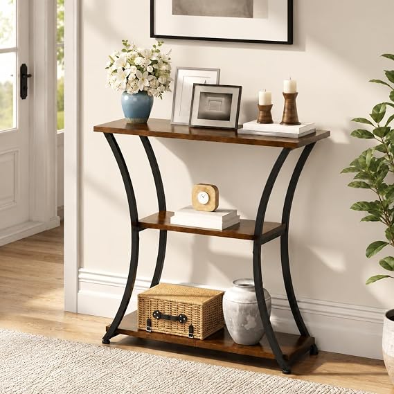 Trironsun Rustic Narrow Console Table with 3 Tiers, Slim Hallway Table with Curved Metal Frame and Open Shelves, Entryway or Sofa Table for Living Room and Foyer (Rustic Brown)
