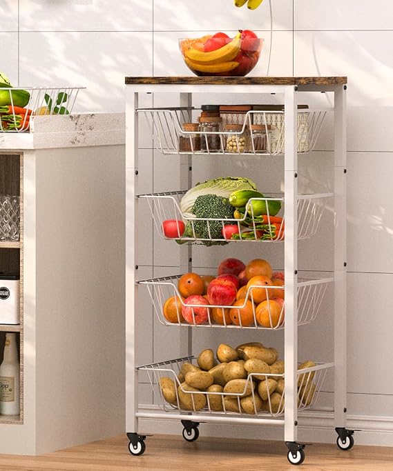 Fruit Vegetable Storage Cart for Kitchen, 5-Tier Vegetable Stand Rack with Pull-Out Fruit Baskets, Rolling Snack Cart with Wood Top & Banana Holder for Pantry, Living Room, Bathroom, White