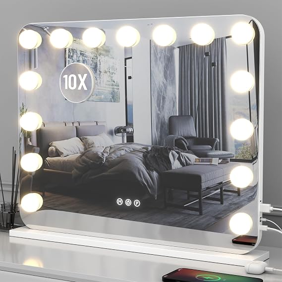 Hollywood Vanity Mirror with Lights, 22.8"×32" Vanity Mirror with Lights 21Dimmable LED Bulbs, 3 Color Modes, 10X Magnification, USB Charging Port, Tabletop or Wall-Mounted (White, 22.8 * 32)